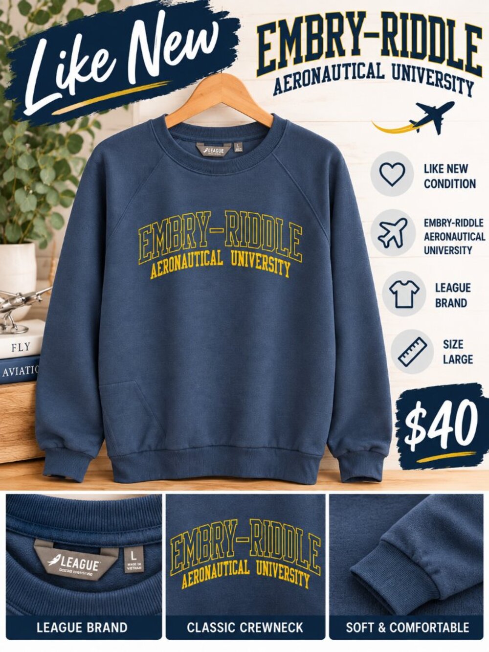 Embry Riddle Aeronautical University Crewneck Sweatshirt Large Navy League